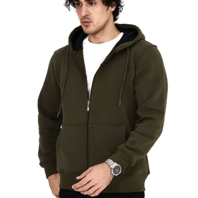 Tam Fermuarlı Kapşonlu  SweatShirt - Haki -